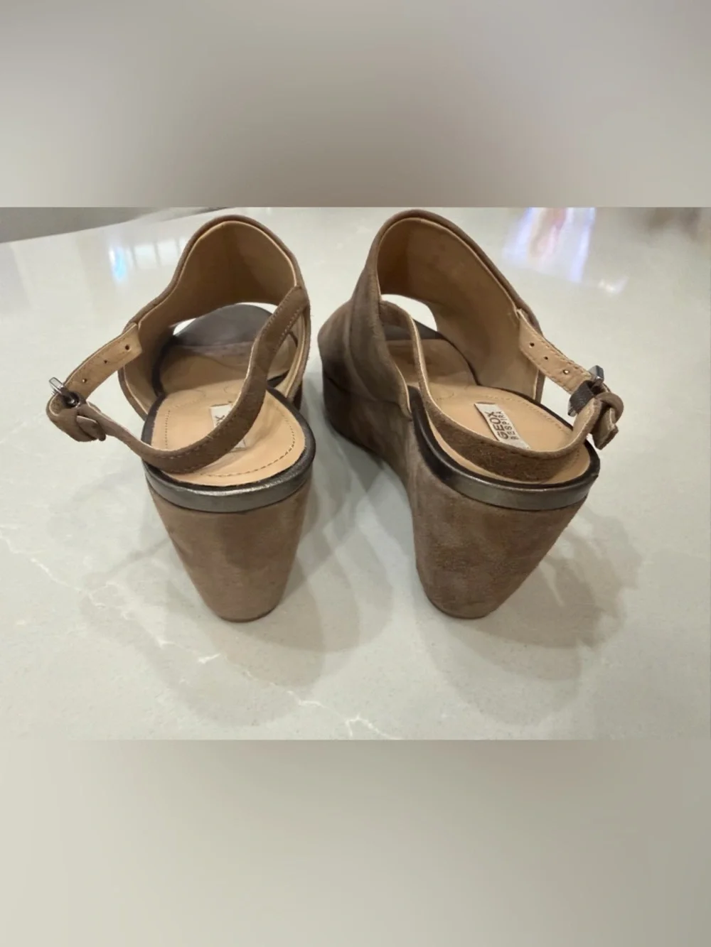 Geox Respira Light Brown Suede Wedge Slingback Sandals, eur 39
